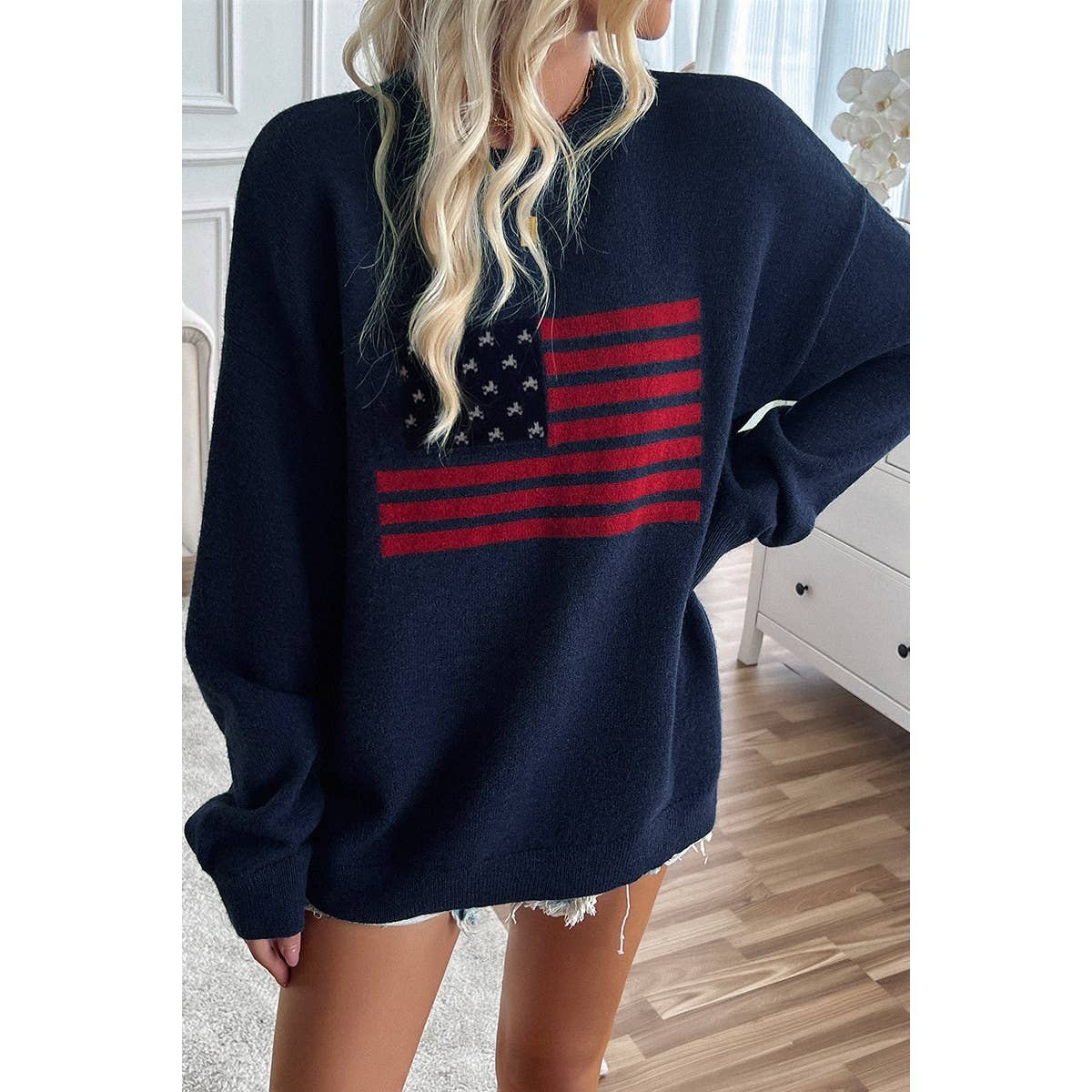 Supreme Fashion – wholesale Knitted jumper – Women′s – Knit Round Neck Flag Print Loose Fit Sweater10