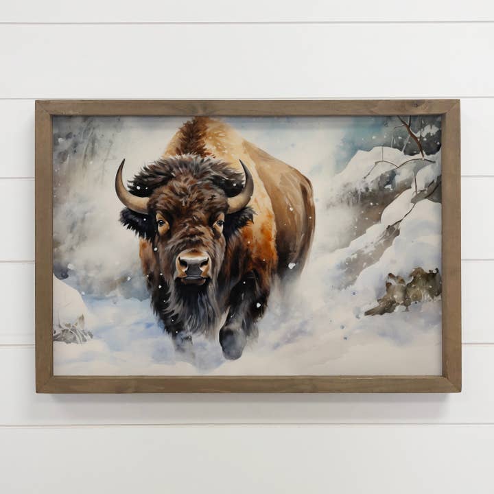 Hangout Home - Wholesale Art Print - Bison in Deep Snow - Ranch House Canvas Art - Wood Framed 2