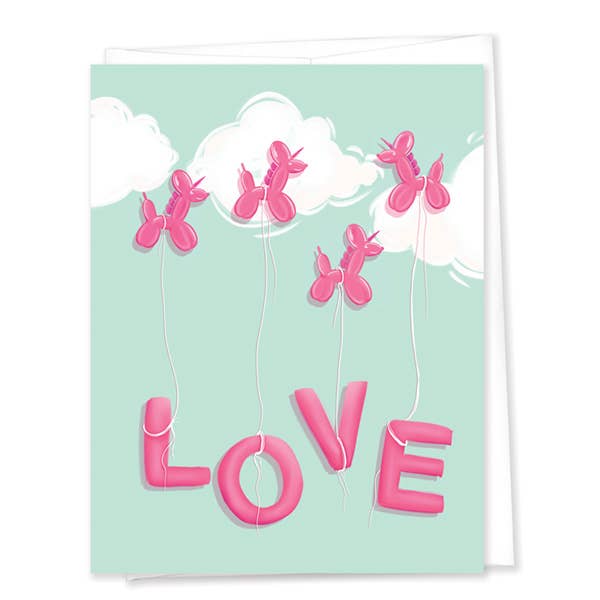 Ballong Unicorn - ”Love” gratulationskort (4.25x5/A2) för wholesale av Linda Sholberg Art