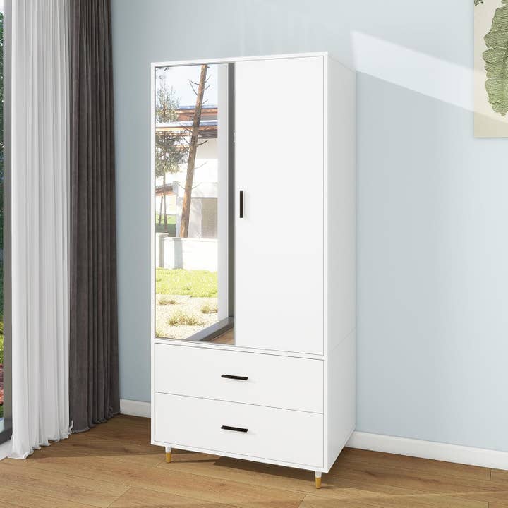 Livelylodge – Großhandel Schlafzimmermöbel – Armoire Kleiderschrank weiß mit 2 Türen, 2 Schubladen