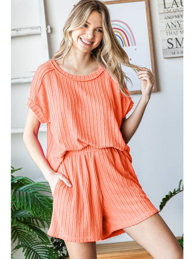 7th Ray - Wholesale Loungeset - Dames - Effen Getextureerde Korte Mouw Top en Korte Lounge Set TP549911