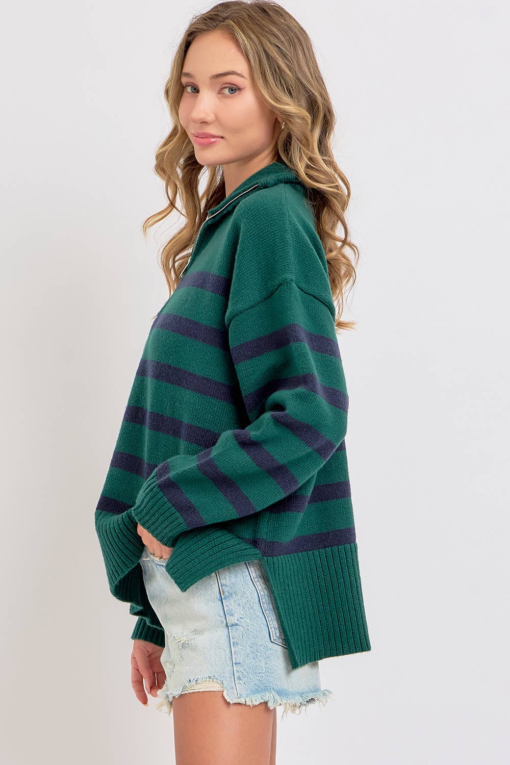 Sweet Lovely by Jen - Wholesale Knit Sweater - Women's - STRIPED ZIP-FRONT OVERSIZED PULLOVER KNIT SWEATER  5