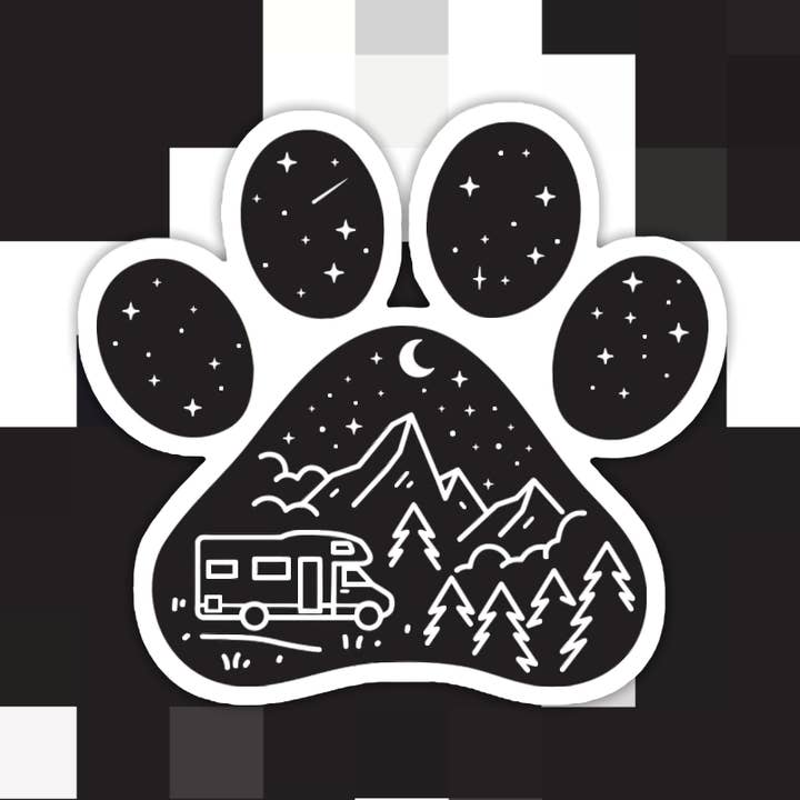 Dog Paw Camper Adventure Sticker for wholesale by Ace the Pitmatian Co