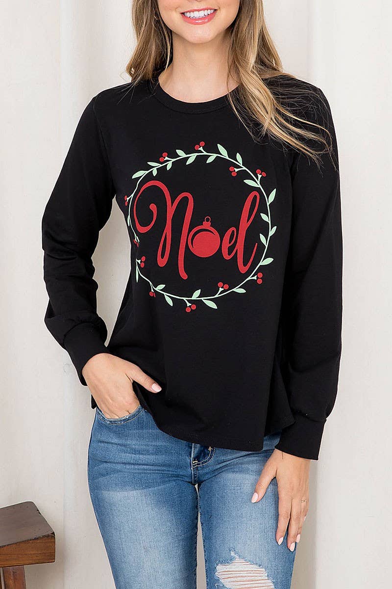 Black NOEL PRINT ROUND NECK LONG SLEEVE TOP for wholesale on Faire4