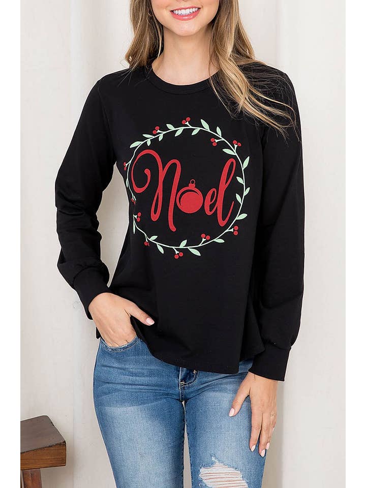 Black NOEL PRINT ROUND NECK LONG SLEEVE TOP for wholesale on Faire4