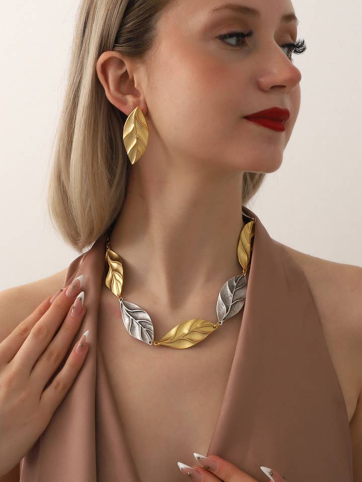 Gold And Silver Plated Leaf Jewelry Set for wholesale by BUBU BY TEKIN SHOP