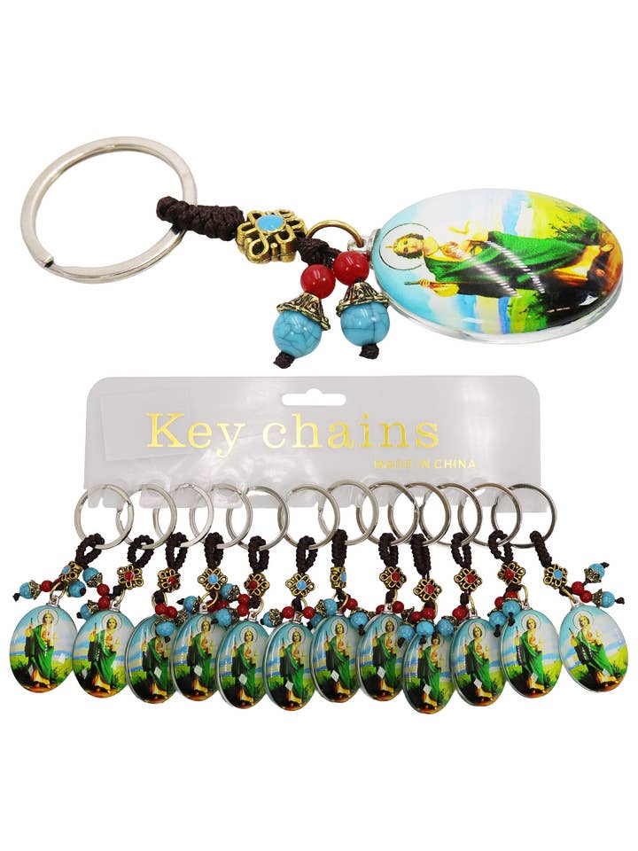 San Judas Oval Resin Braided String Key Chain for wholesale by Cap Zone