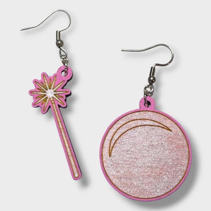 Wizard of Oz Wand and Bubble Hand Painted Wood Earrings for wholesale by Moon Child Trinkets