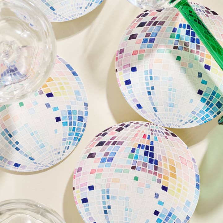 One & Only Paper - Wholesale Coasters - Rainbow Disco Ball Reusable Chipboard Coasters - Set of Four