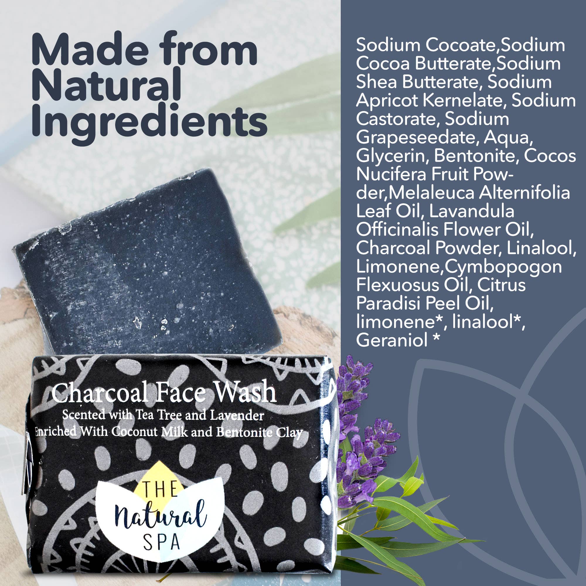 The Natural Spa Cosmetics – wholesale Facial cleanser – Charcoal face Wash - cleansing bar Lavender Tea Tree 10