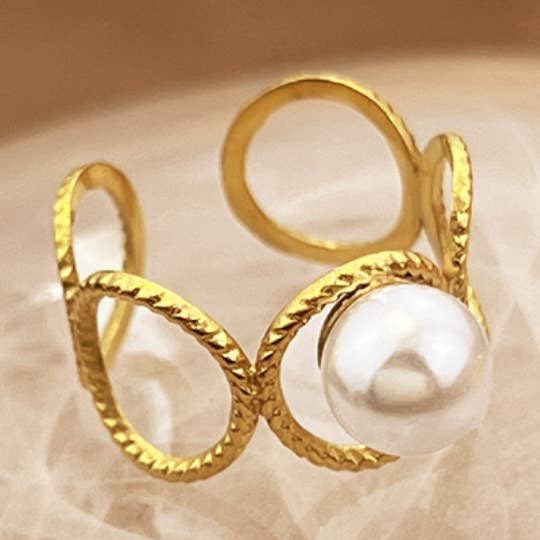 Rings-Imitation pearl hollow geometric open ring for wholesale by Eagle Crest Industries Inc.