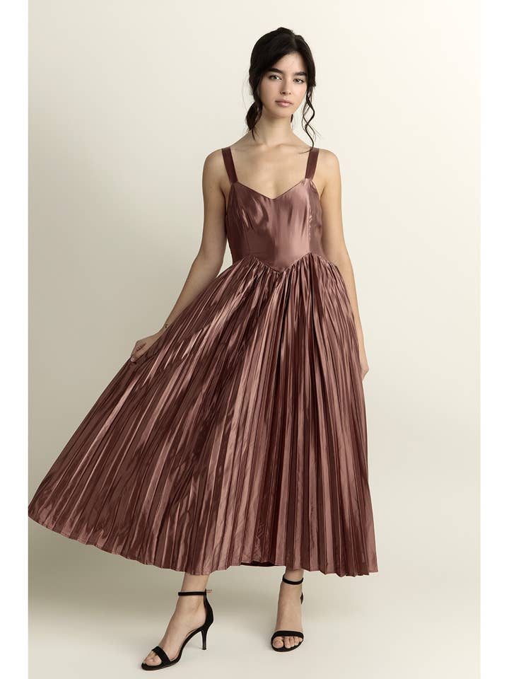 STORIA - Wholesale Dress - Women's - JD6918- SOLID SHEEN ACCORDION PLEAT MIDI DRESS 24