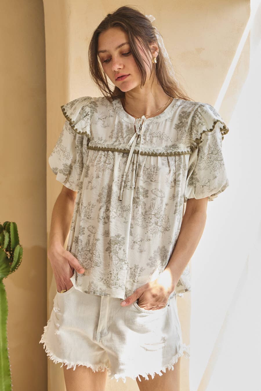 Gris Multi Blusa con Mangas Abullonadas Estampada Toi De Paris de venta al por mayor en Faire1