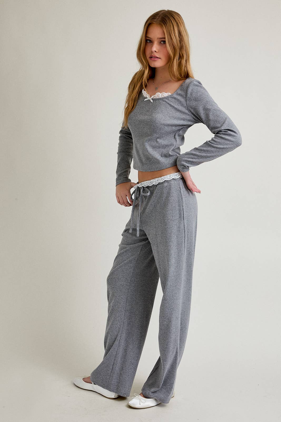 H GREY LONG SLEEVE TOP WITH LACE TRIM WITH LACE TRIM PANTS for wholesale on Faire3