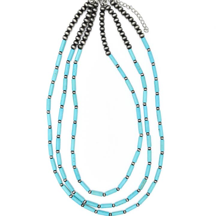 West & Co. - Wholesale Beaded/Pearl Necklace - 3 Strand Turquoise Tube Bead & Faux Navajo Pearl Necklace2