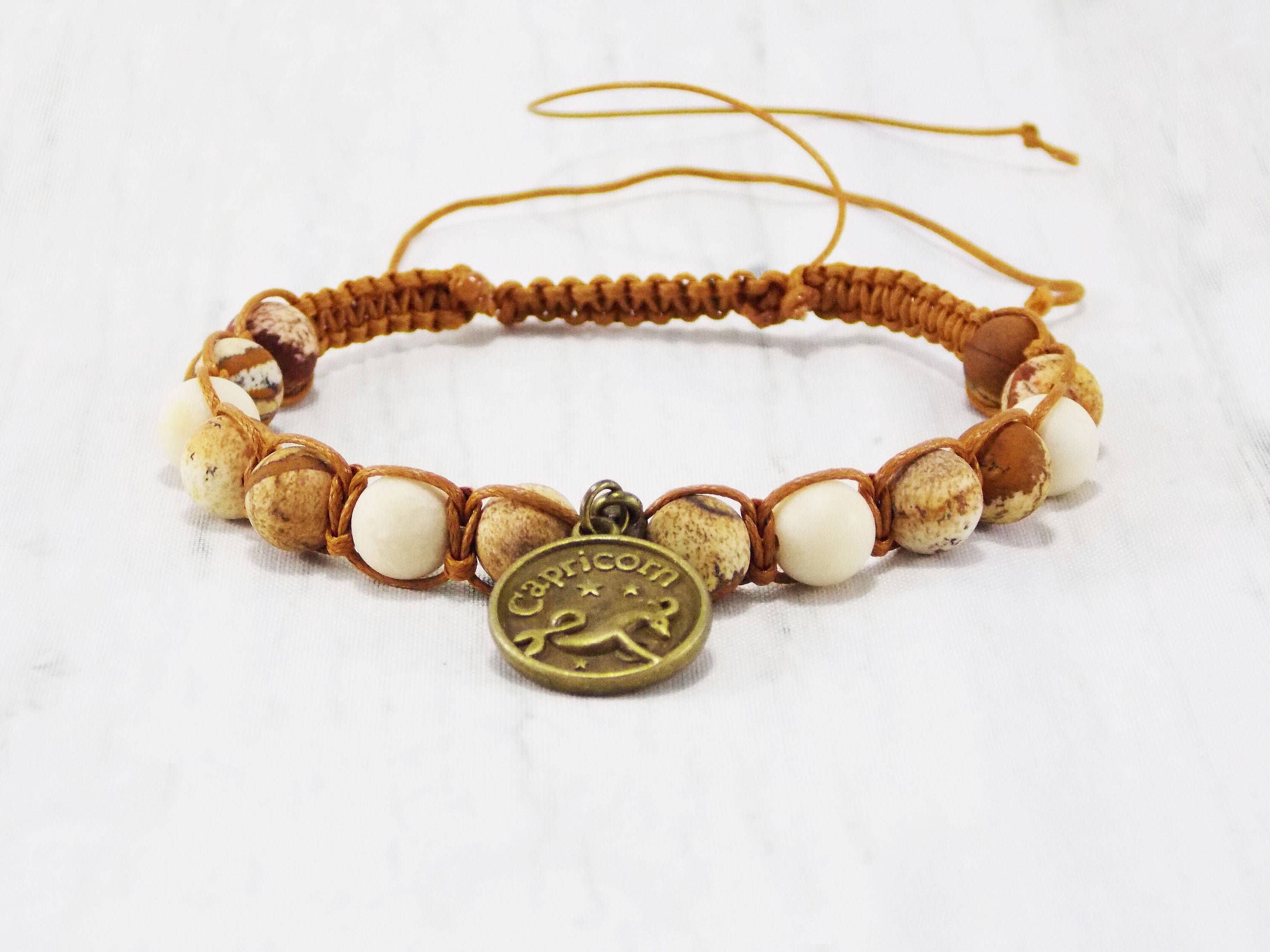 Ninolia - Venta al por mayor Pulseras de abalorios/colgantes - Pulsera Capricornio con dije de signo del zodíaco de cabra de 8 pulgadas de largo, piedra preciosa unakita macramé, regalos de cumpleaños de enero2