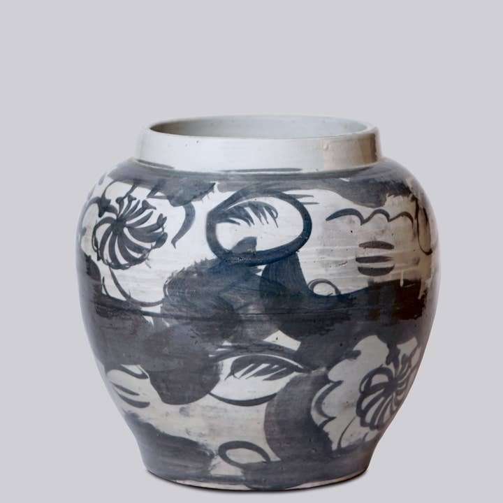 Rustic Floral Blue and White Porcelain Pot for wholesale by Cobalt Guild