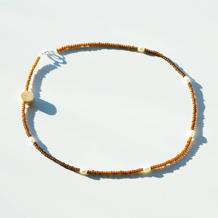Pearl, Japanese Glass Bead, & Wooden Bead Necklace for wholesale by Object Flux