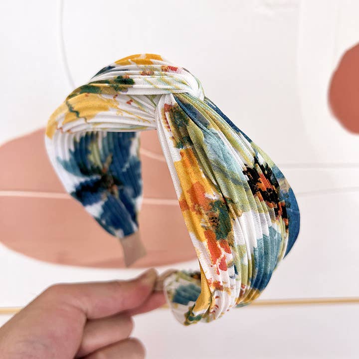 Assorted Pleated Watercolor Floral Twist Headband for wholesale on Faire
