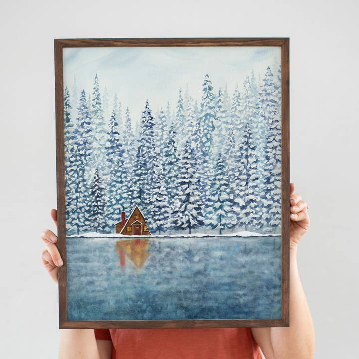 Watercolor Wednesday - Wholesale Art Print - Winter Art Print | Snowy A-Frame, Cozy Wall Decor for Cabin 2