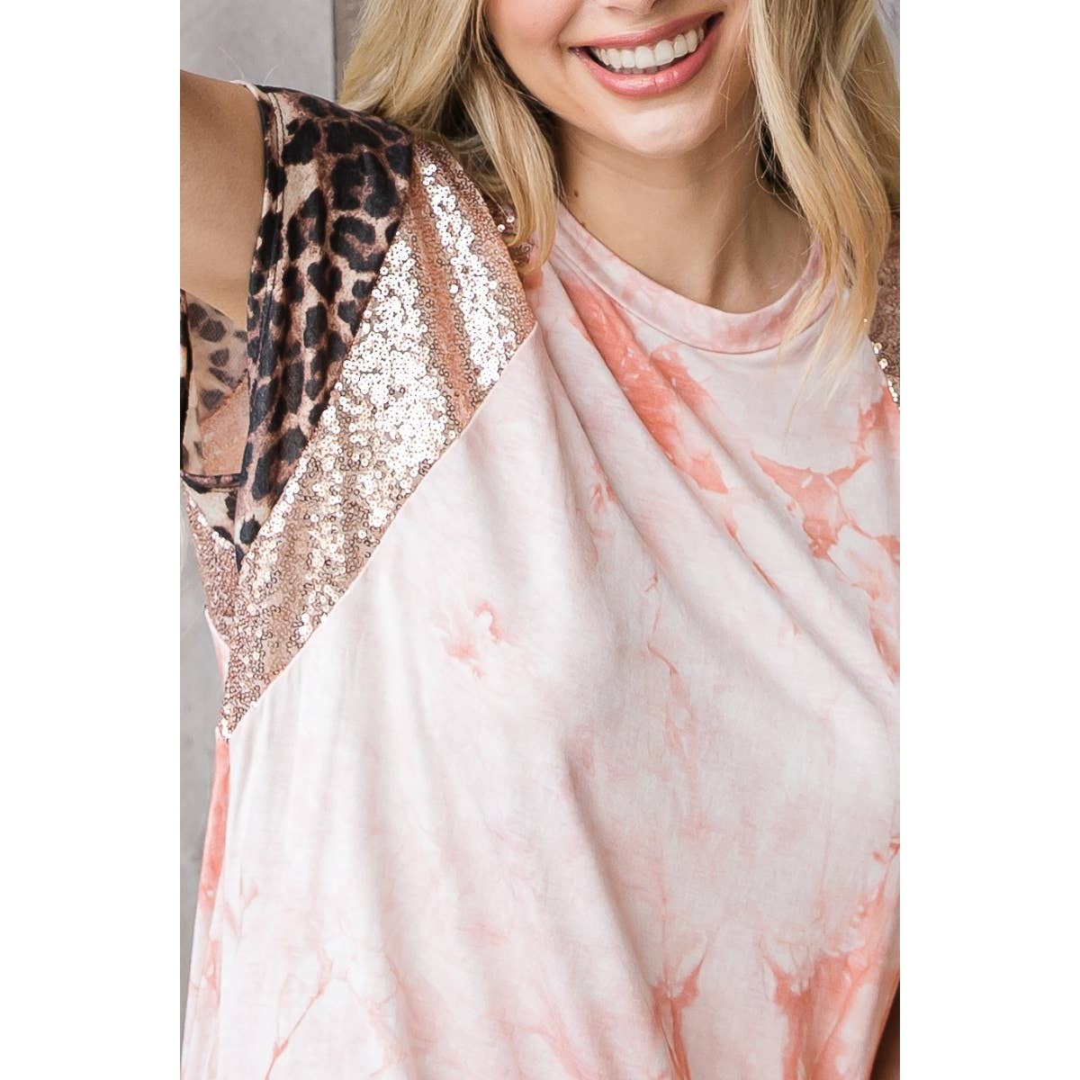 Peach combo Sequins Contrast Tie Dye Anumal Print Mix Top for wholesale on Faire3