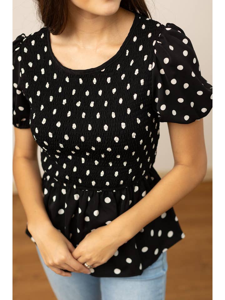 Black Polka Dot Smocked Blouse for wholesale on Faire