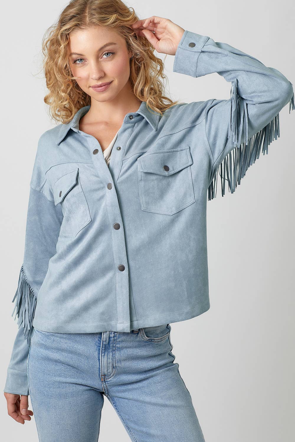 Mystree - Vendita all'ingrosso Giacca a camicia - Donna - 20609 Giacca Camicia in Suede con Dettaglio sul Retro a Frange48