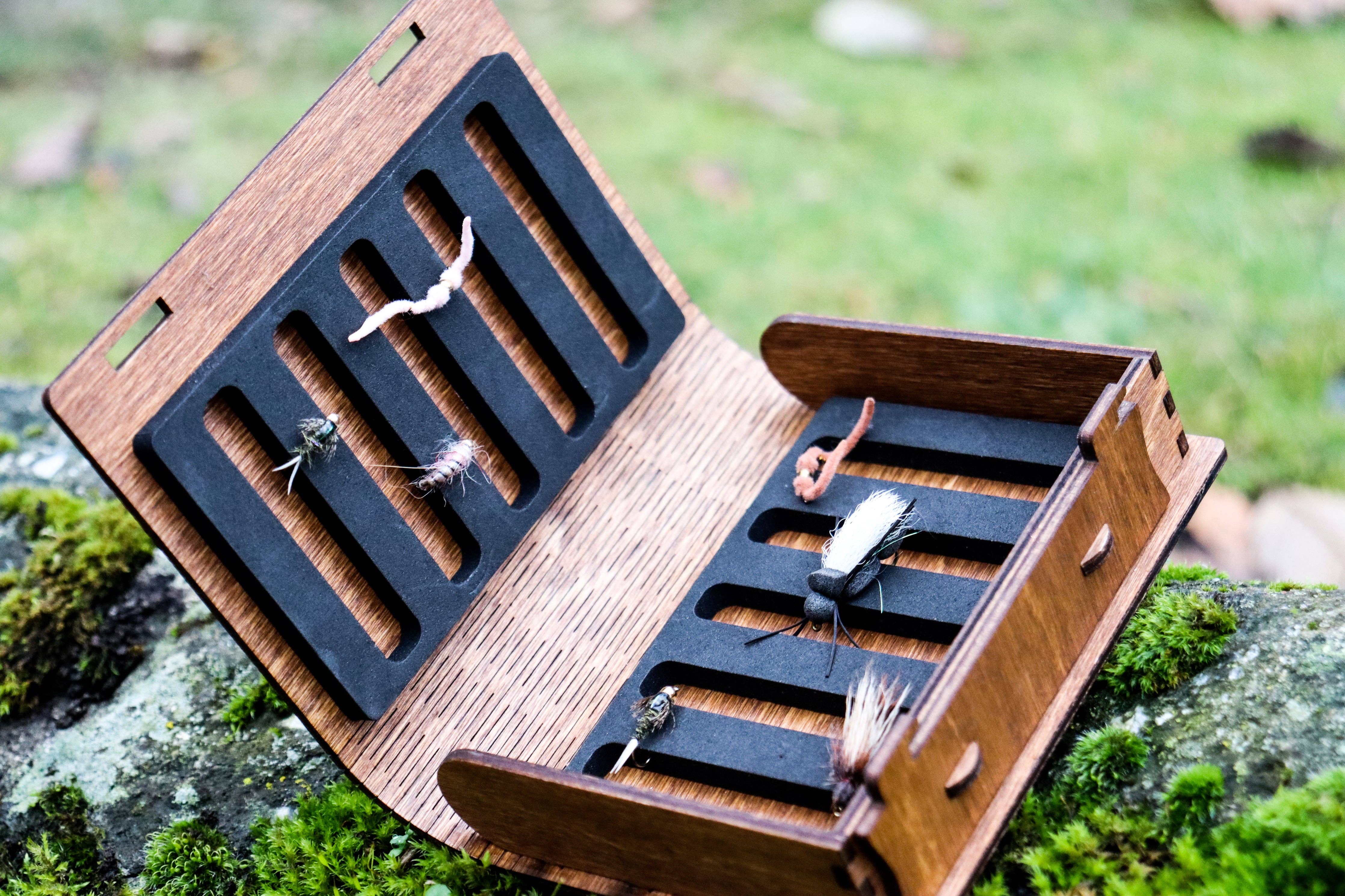 Wholesale Fly Box Laser Engraved with Living Hinge dry fly image for your store Faire