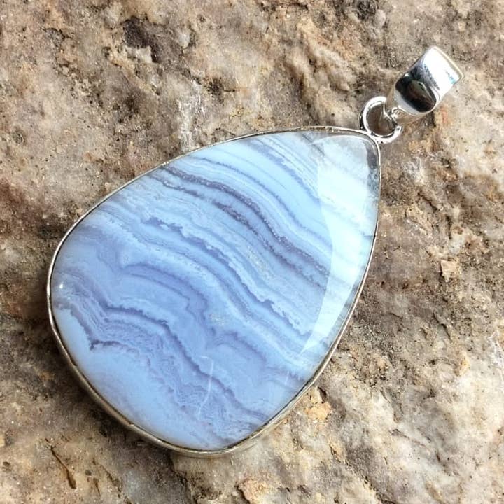 Natural Blue Lace Agate 925 Sterling Silver Unisex Pendant for wholesale by SILVER CAVE