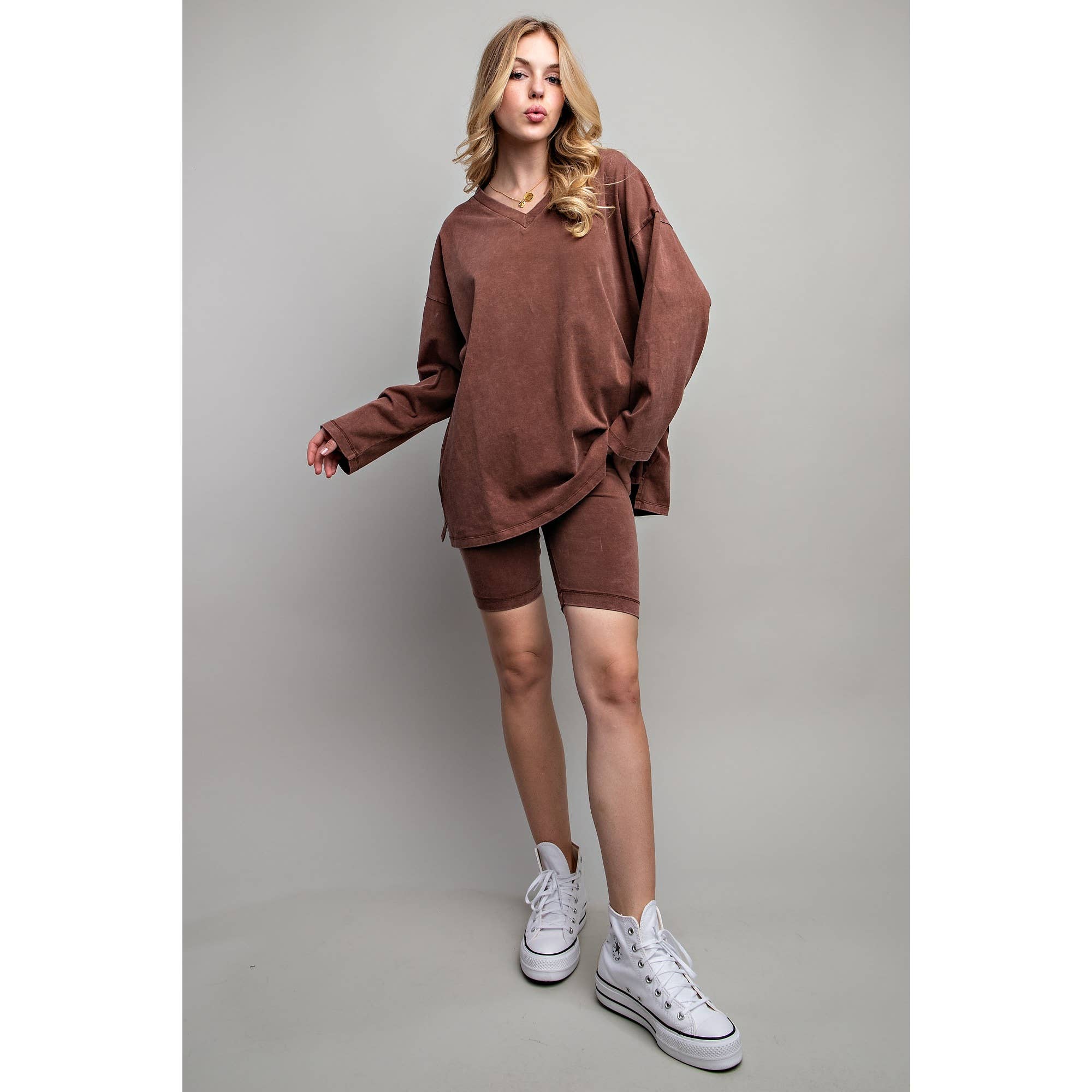 Sweet Generis - Wholesale Lounge Set - Women's - COTTON MINIERAL WASHED OVERSIZE TOP WITH CASUAL BIKER SHORT 13