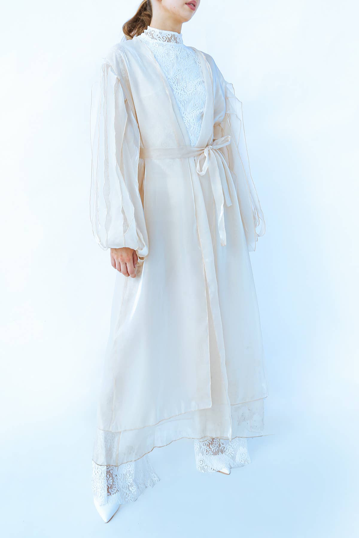 Beige Open Balloon Sleeve Detail Fine Organza Maxi Robe MC4402 for wholesale on Faire2