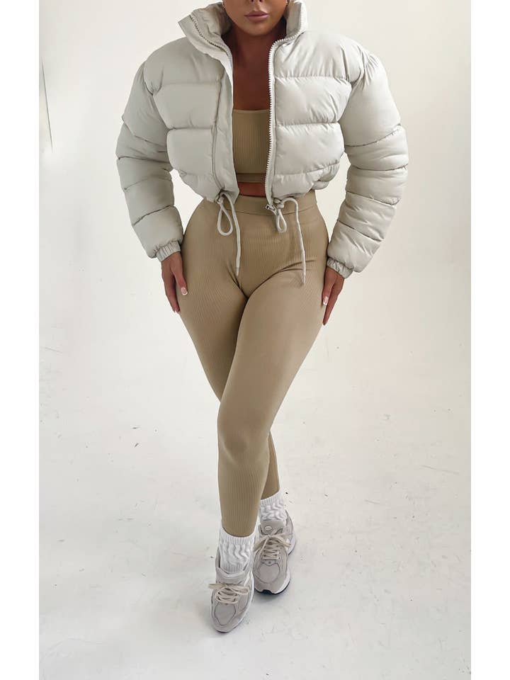 Femme Luxe - Wholesale Puffer Jacket - Women's - White High Neck Padded Cropped Puffer Jacket - Khlo1