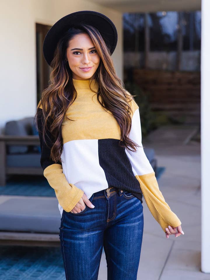 Tickled Teal - Wholesale Knit Top - Women's - Tri-color Mockneck Emrie Top6