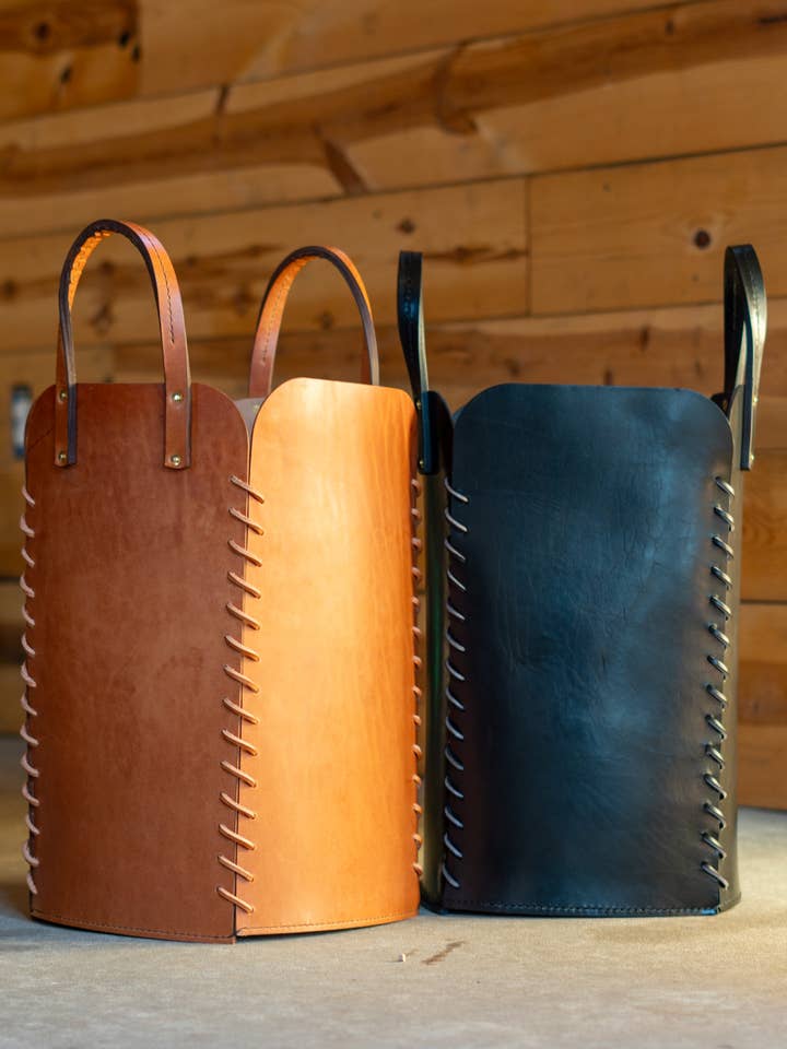 4 Panel Leather Basket for wholesale by Harrow and Sickle Leather Goods