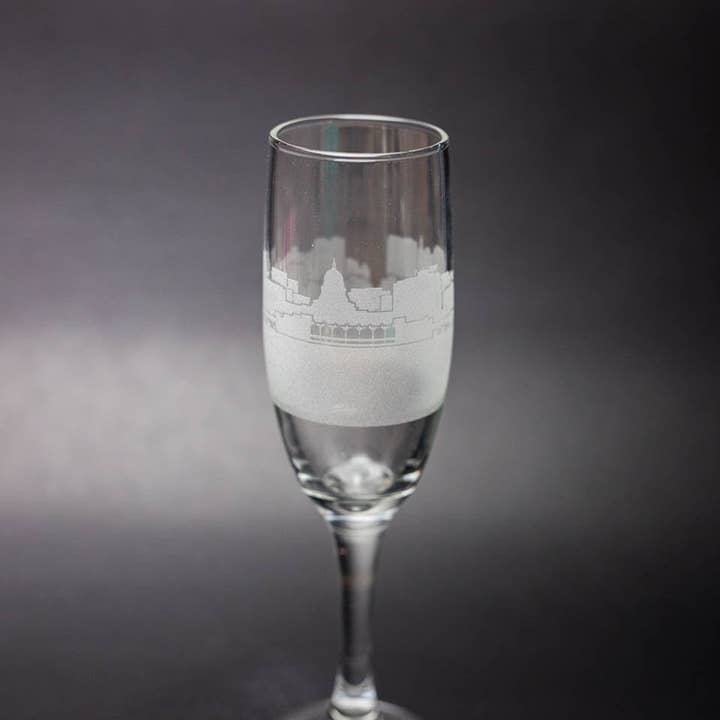 Madison, Wisconsin Skyline Champagne Flute for wholesale by Urban & Etched