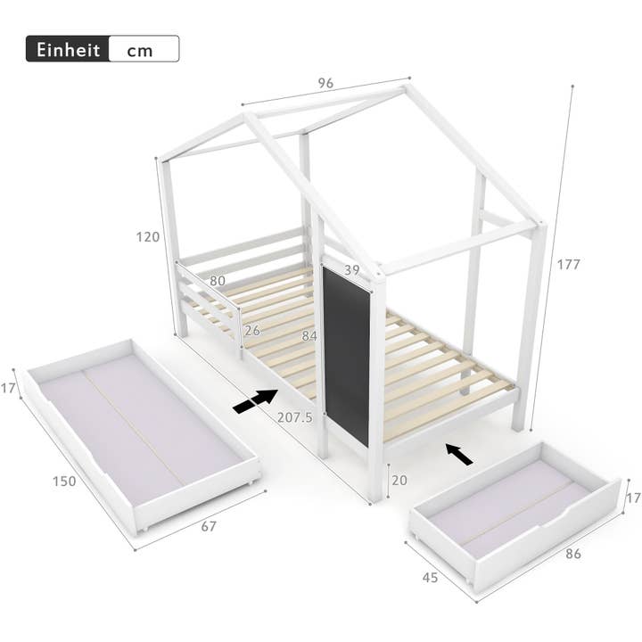 Urban Meuble - Wholesale Bed - Kids & Baby - Children's bed cabin bed white 90 x 200 cm solid wood house with fence and slatted base 2 storage drawer wheels, blackboard (without mattress) CHOLLUD19