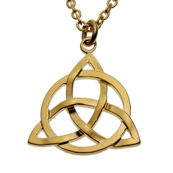 Delicate Triquetra Trinity Knot Gold-dipped Pendant Necklace on 18" Rolo Chain for wholesale by From War to Peace