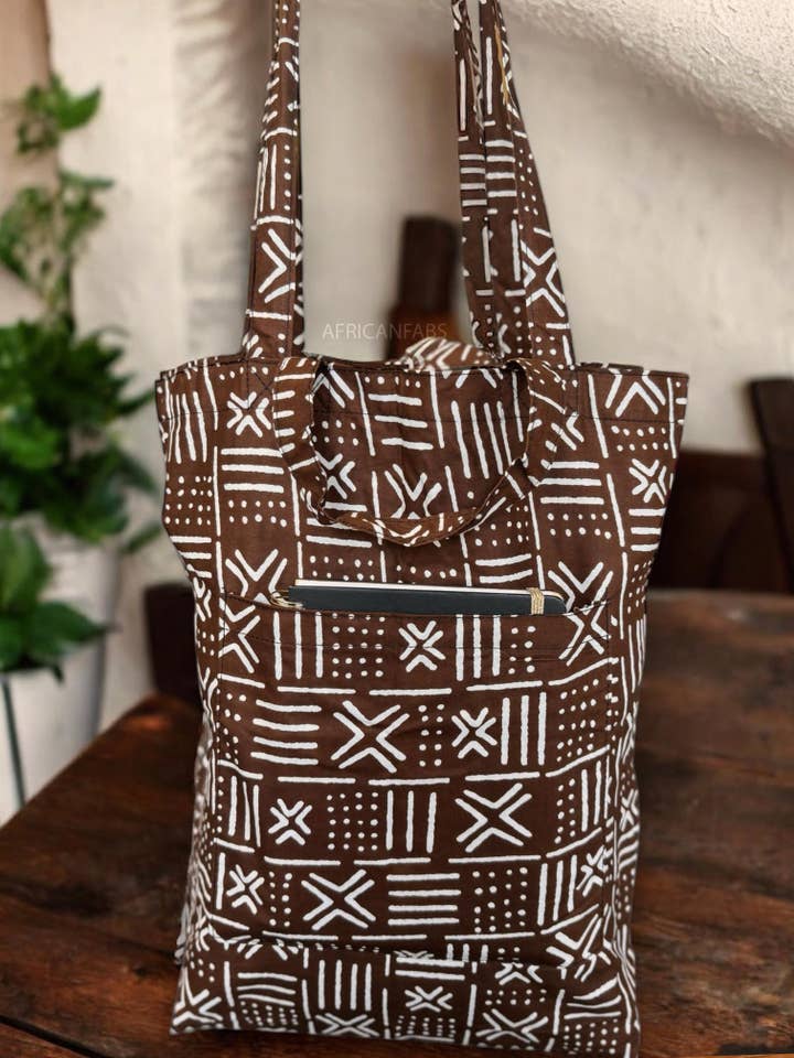 Shopper bag with African print - Brown X Bogolan - Reusable Cotton Tote Bag for wholesale by AfricanFabs