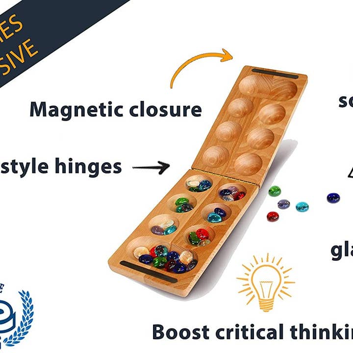 Wood Expressions - Wholesale Board Game - Solid Wood Folding Mancala with Glass Stones - 18 in.