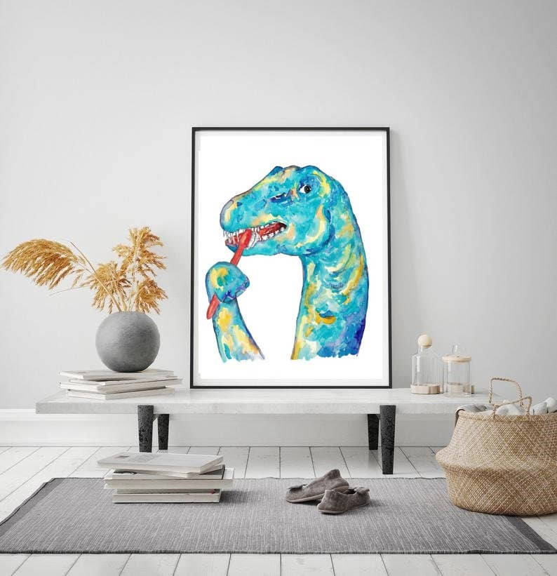 Goodfairyart – Engroshandel Kunsttryk – Brontosaurus Børstning Tænder Dinosaur Maleri Akvarel