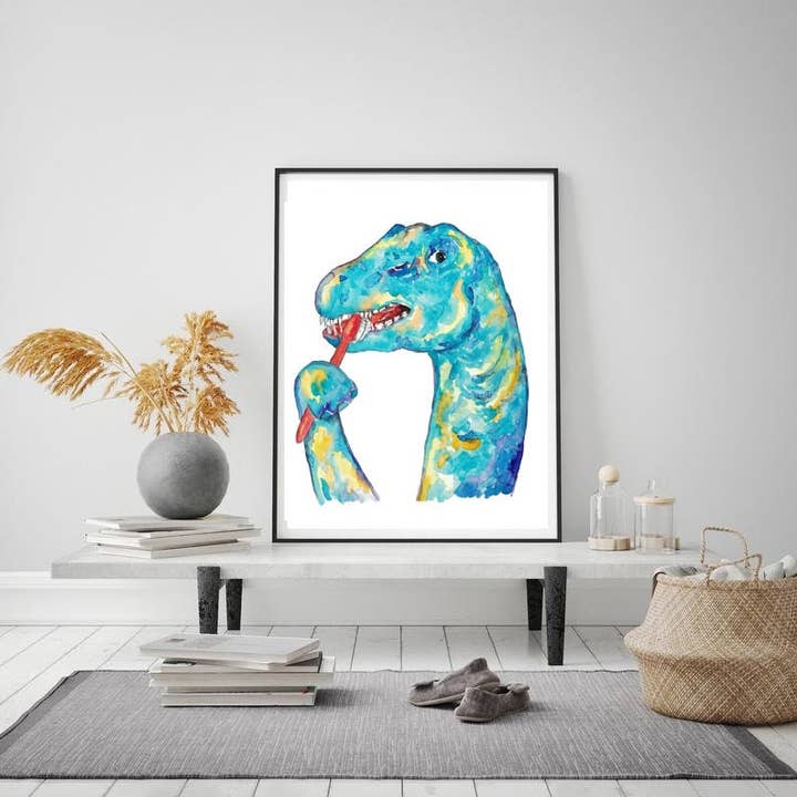 Goodfairyart – Engroshandel Kunsttryk – Brontosaurus Børstning Tænder Dinosaur Maleri Akvarel0