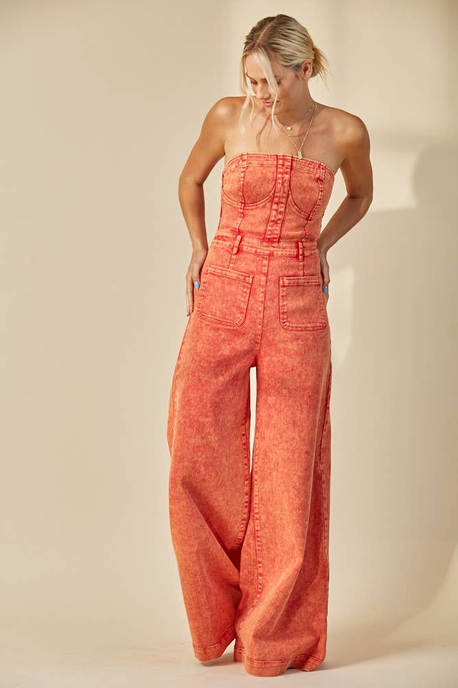 BOHO MINERAL WASH WIDE LEG DENIM JUMPSUIT 4406DEEP RUST  for wholesale on Faire1