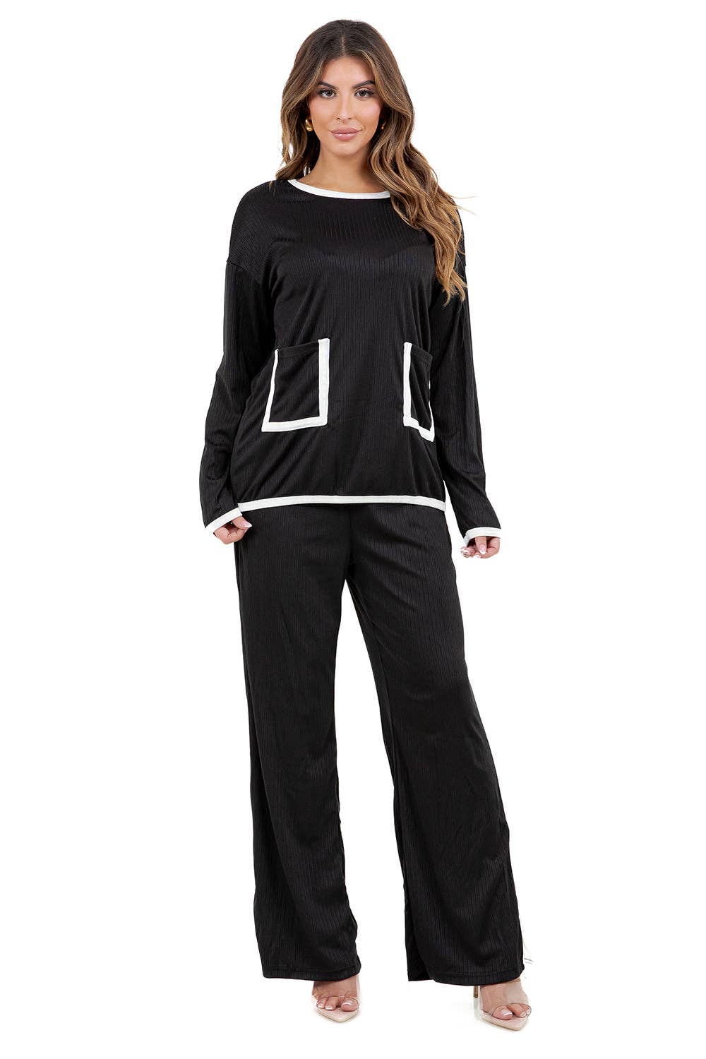 Black WOMEN FASHION TWO PIECE CASUAL PANT SET for wholesale on Faire1