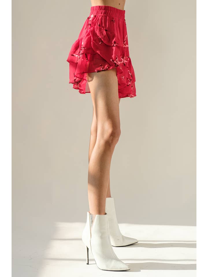 RED 32425S - Chiffon Star Sequin Print Asymmetrical Skirt for wholesale on Faire