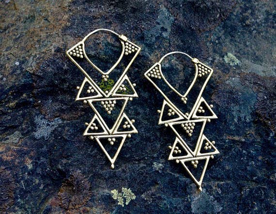 JAYA MOKSHA - Wholesale Dangle Earrings - Brass Tribal Boho Chandelier Earrings / Gold Triangle Hoops 5