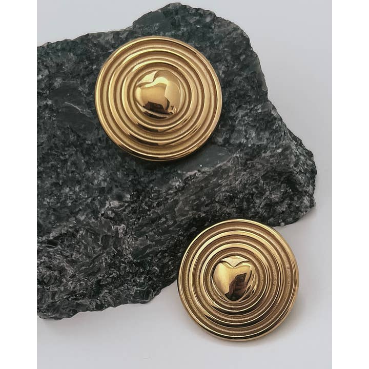 Beljoy - Wholesale Stud/Post Earrings - Elowen Button Heart Statement Gold Earrings