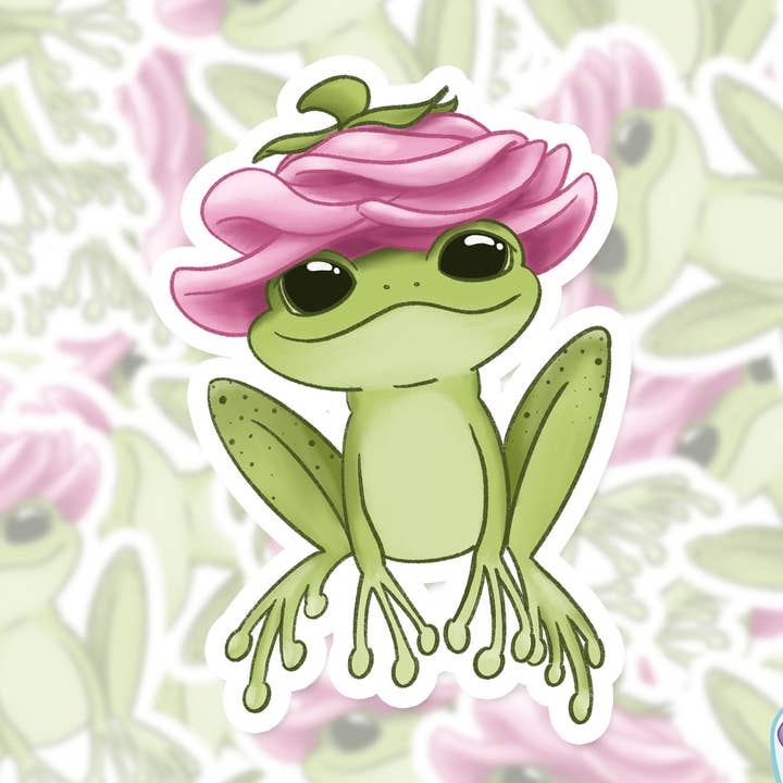Autocollant Grenouille avec une couronne de fleurs - Autocollant grenouille pour la vente par Whoa Newt Illustration