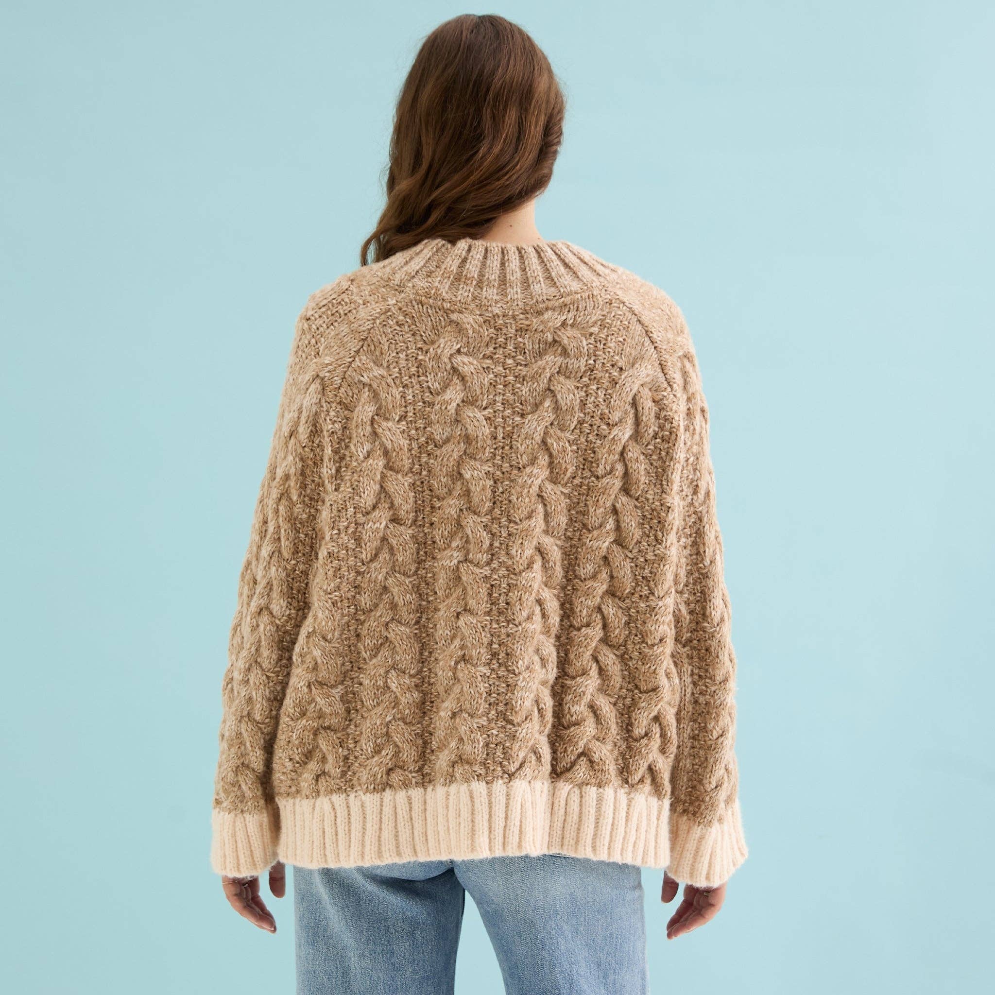 Cara & The Sky - Wholesale Knit Sweater - Women's - Jennie Cable High Neck Balloon Sleeve Jumper - Beige3