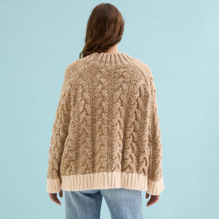 Cara & The Sky - Wholesale Knit Sweater - Women's - Jennie Cable High Neck Balloon Sleeve Jumper - Beige3