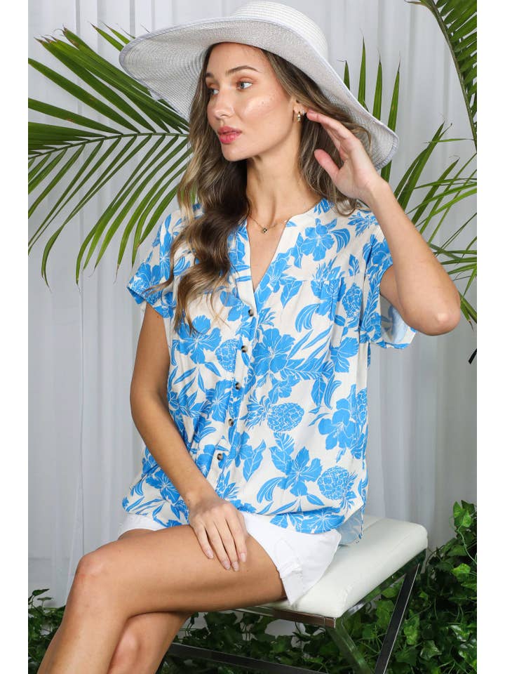 Vine & Love - Wholesale Button Down Shirt - Women's - Floral Pineapple Henley Neck Roll-Up Shirt Top VT82331A8